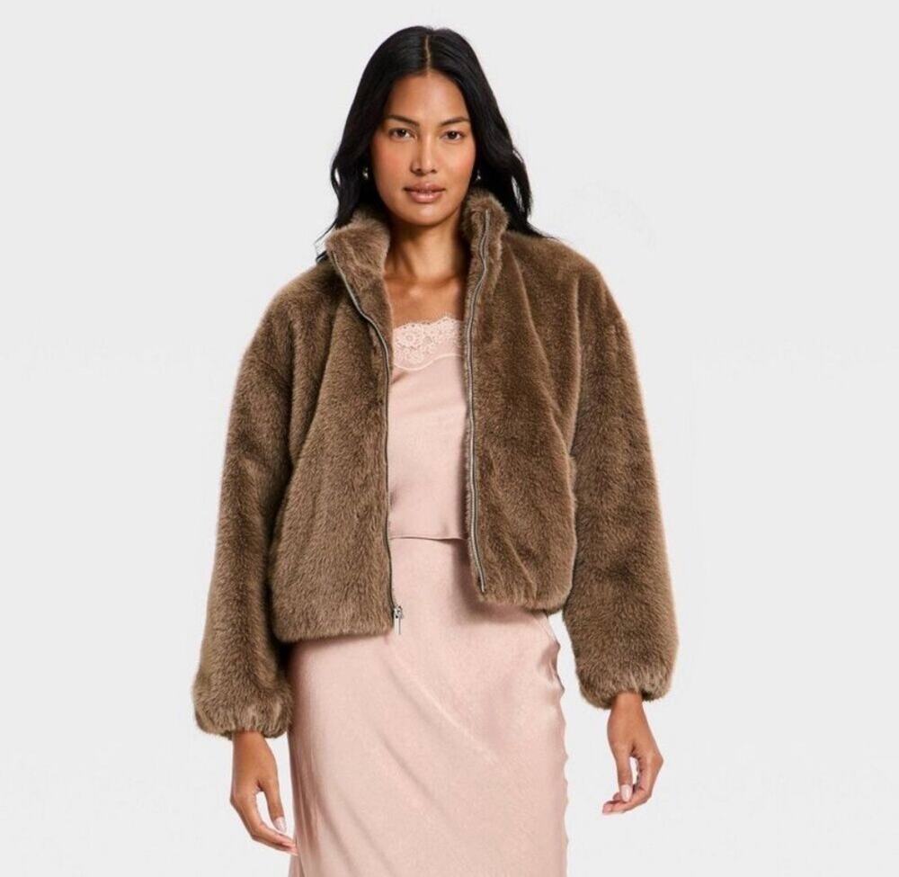 A New Day Brown Faux Fur Zip Up Jacket Large NWT Cozy Teddy Winter Fall